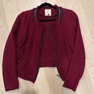 Rebecca Taylor maroon tweed jacket with leather trim at collar - size 4
